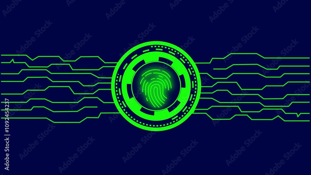 Poster around the fingerprint icon on a blue background video electronic access security system and data pr