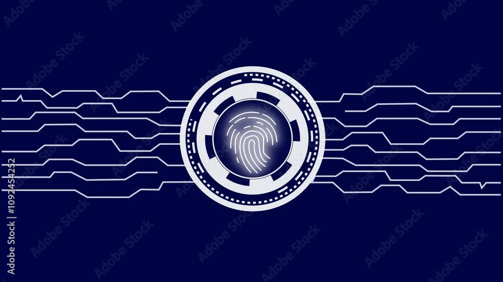 Poster around the fingerprint icon on a blue background video electronic access security system and data pr