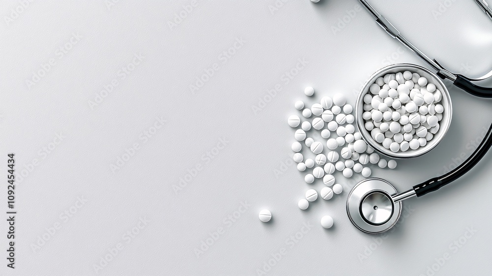 Poster top view of a stethoscope placed next to a heart model and a small pile of tablets on a white surfac