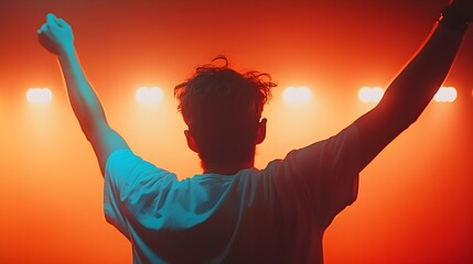 Enthusiastic concertgoer celebrating under vibrant stage lights