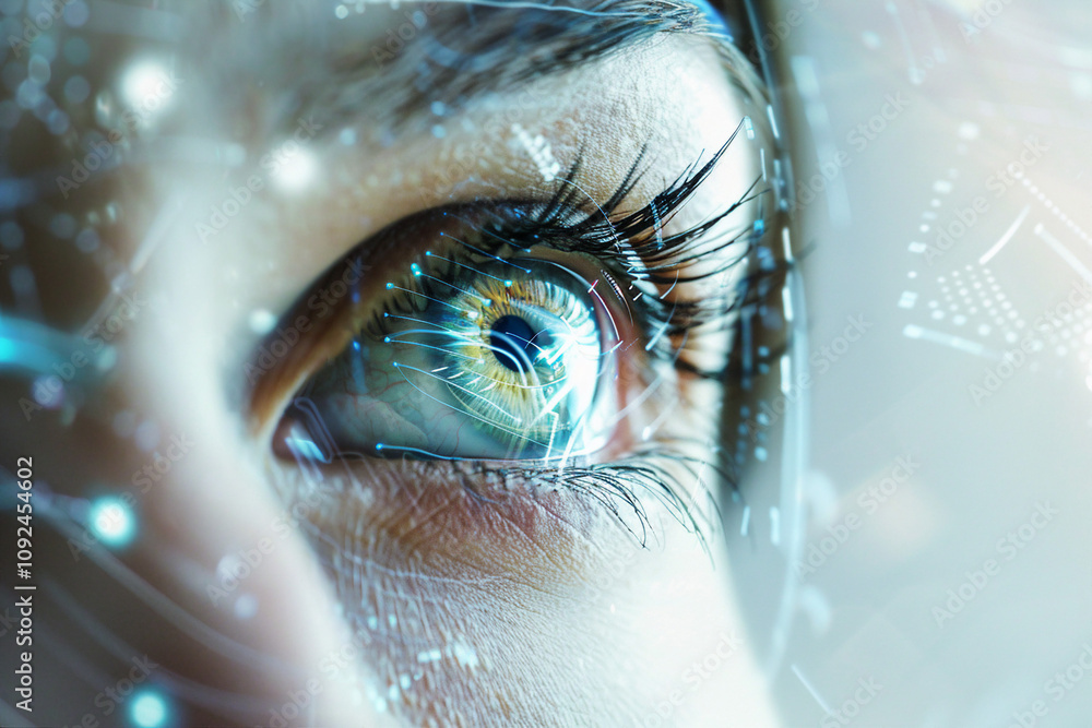 Poster human eye with futuristic cyber projection for virtual security and identity innovation - generative