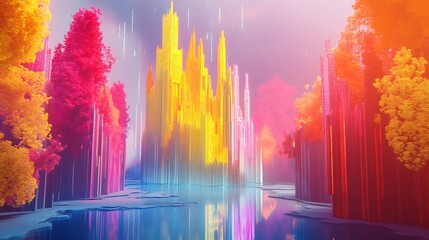 Naklejka premium A Futuristic Cityscape with Tall, Vibrant Buildings Reflected in a Still Waterway