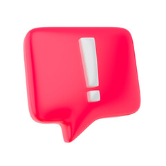 Red and white speech bubble exclamation icon sign or attention caution mark. Warning error message or problem. Concept of communication type talk. 3d rendering