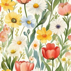 Whimsical Watercolor Garden with Colorful Flowers