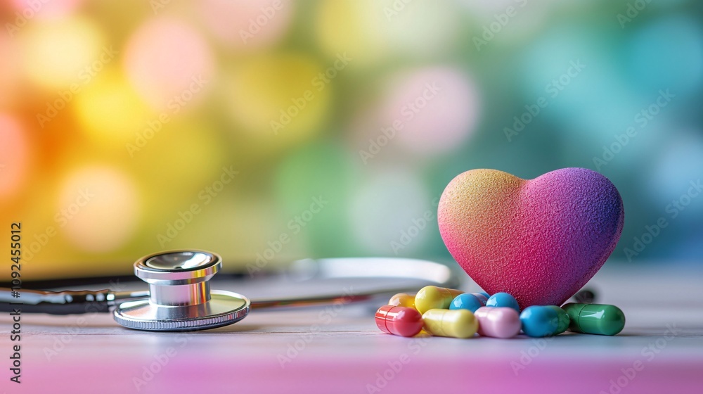 Poster vibrant heart model placed beside a stethoscope and colorful pills arranged in a gradient stock phot