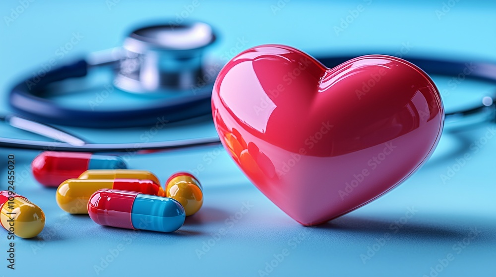 Poster vibrant heart model placed beside a stethoscope and colorful pills arranged in a gradient stock phot