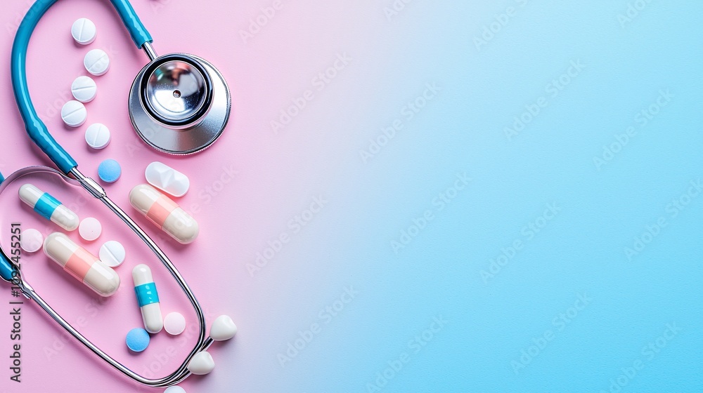 Aufkleber heart monitor line connected to a stethoscope and medicine capsules on a gradient background stock p