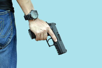 Isolated gun shooter holding 9mm pistol gun with clipping paths.