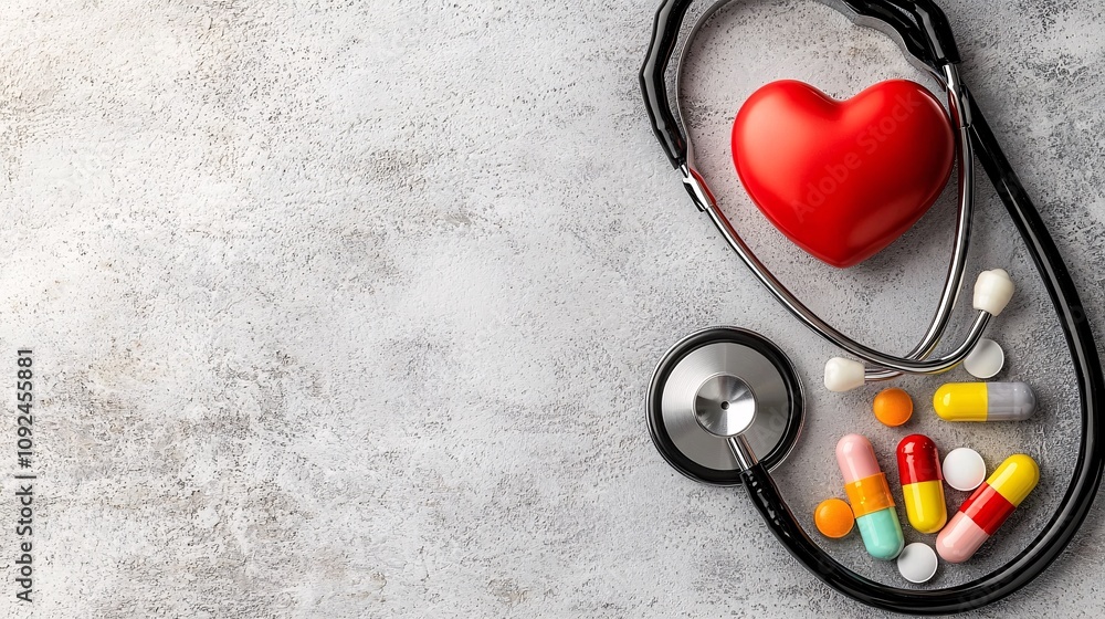 Poster a stethoscope and heart icon placed next to a collection of colorful medicine capsules on a white su