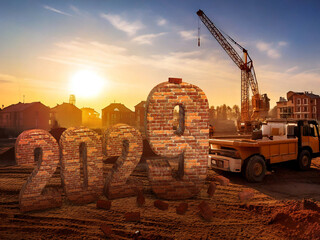 Brick New Year 2029 on construction site with dump truck and crane in the background sunset and town. Idea for a post for a construction company. 3d rendering