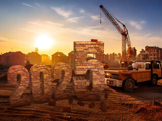 Brick New Year 2025 on construction site with dump truck and crane in the background sunset and town. Idea for a post for a construction company. 3d rendering