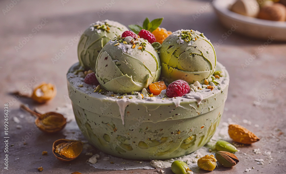 Poster bowl of ice cream with three green balls and raspberries. the bowl is on a table