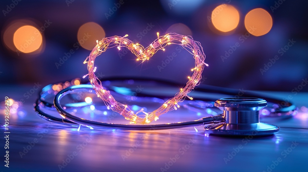 Poster close-up of a stethoscope encircling a heart with soft light effects representing warmth and healing