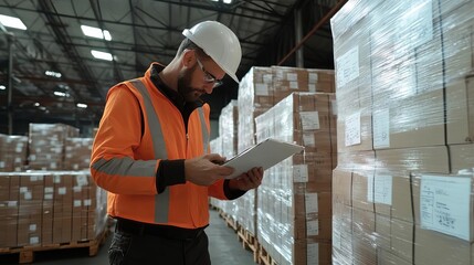 Customs agent inspecting export pallets, bright lighting, organized and professional
