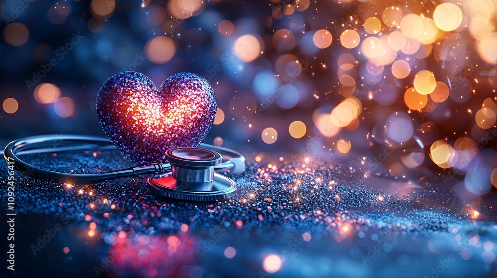 Poster Stethoscope resting on a gradient background with a vibrant heart in the center surrounded by light flares Stock Photo with side copy space