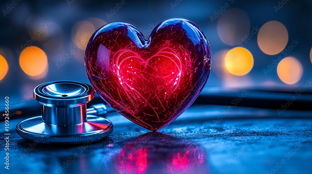 Poster abstract glowing heart surrounded by a stethoscope and soft bokeh lights representing hope and heali