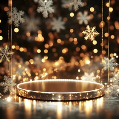 Obraz premium A sleek, glass podium with frosted edges, surrounded by soft white snowflakes and a warm golden glow from string lights. The center is clear for showcasing a product.
