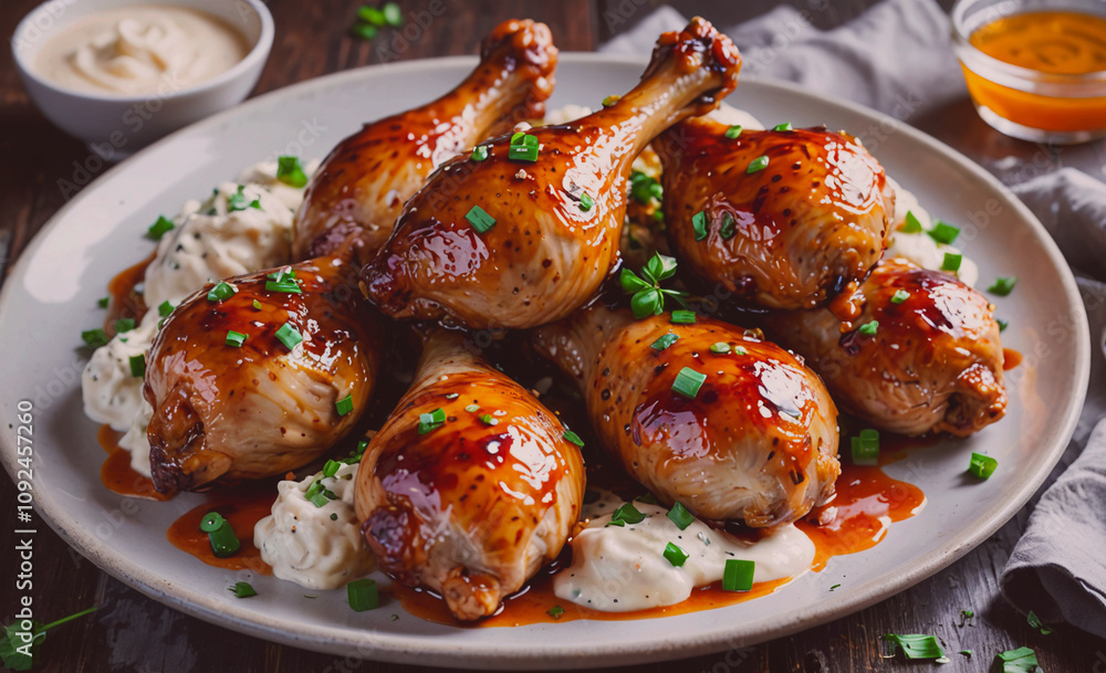 Poster plate of chicken with gravy and a side of mashed potatoes. the chicken is cut into pieces and is cov