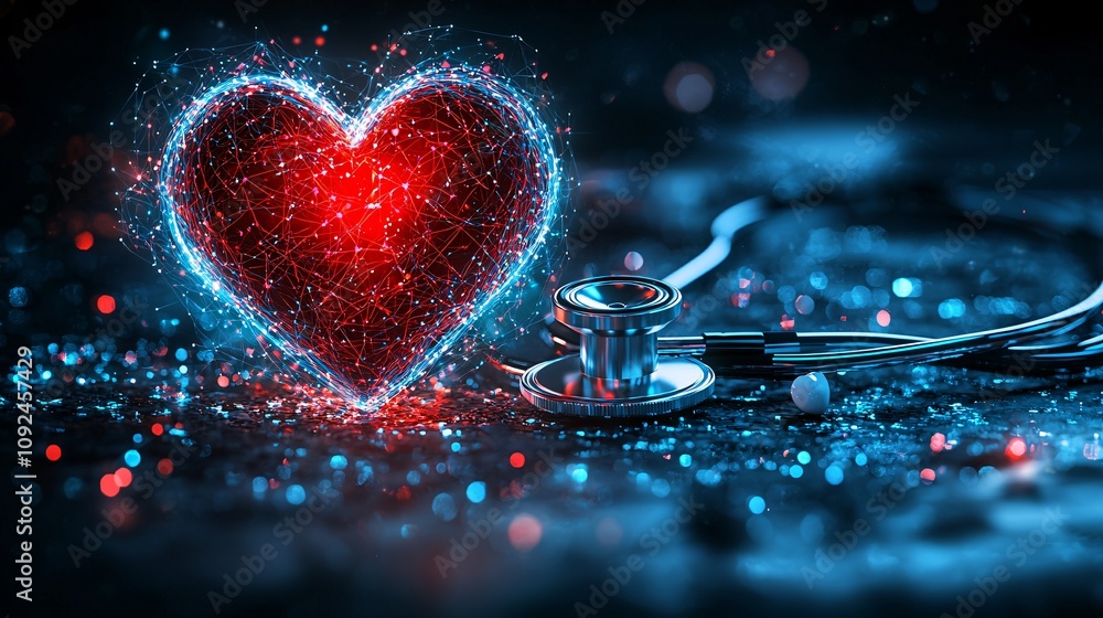 Poster red heart icon surrounded by a stethoscope and glowing light effects symbolizing care and tenderness