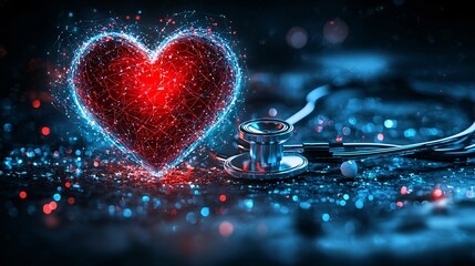 Red heart icon surrounded by a stethoscope and glowing light effects symbolizing care and tenderness Stock Photo with side copy space