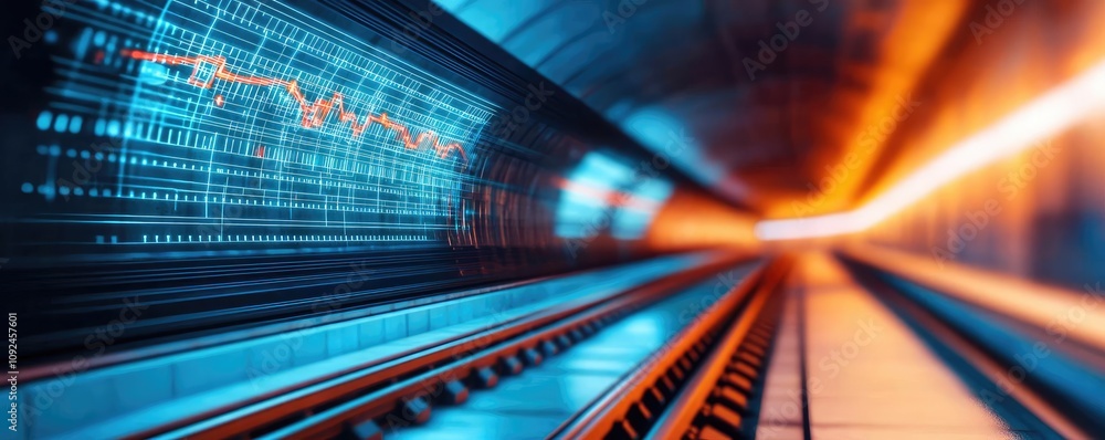 Poster futuristic subway tunnel with illuminated tracks and digital displays.