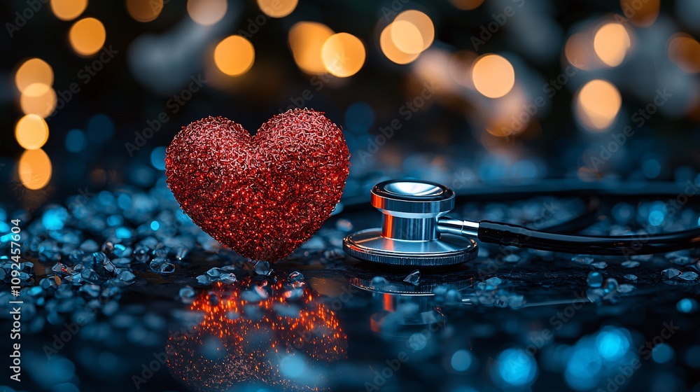 Poster red heart icon surrounded by a stethoscope and glowing light effects symbolizing care and tenderness