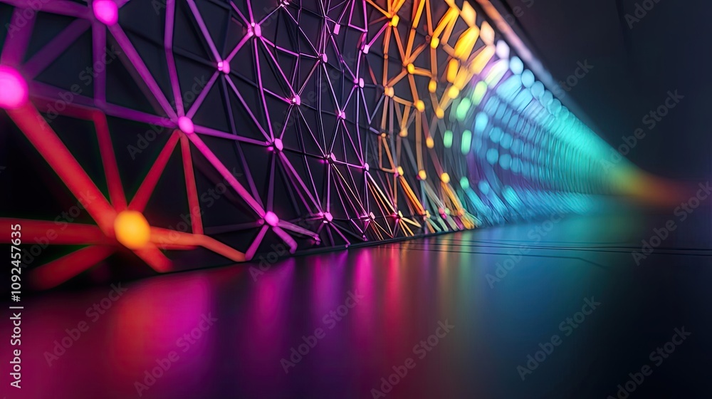 Poster colorful geometric patterns with neon lights on a dark background.