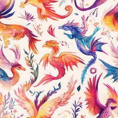 Obraz premium Whimsical Watercolor Mythical Creatures Pattern