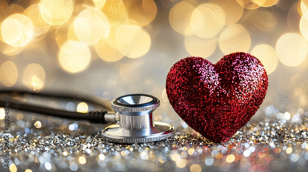 Poster heart icon placed alongside a stethoscope on a soft-toned background with light effects symbolizing 