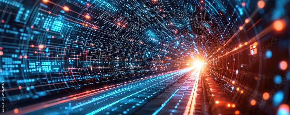 Poster abstract digital tunnel with radiant lights and colorful data streams