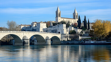 Obraz premium Stone Bridge Arches Over River, Medieval Cityscape with Twin Towers Church Under Blue Sky