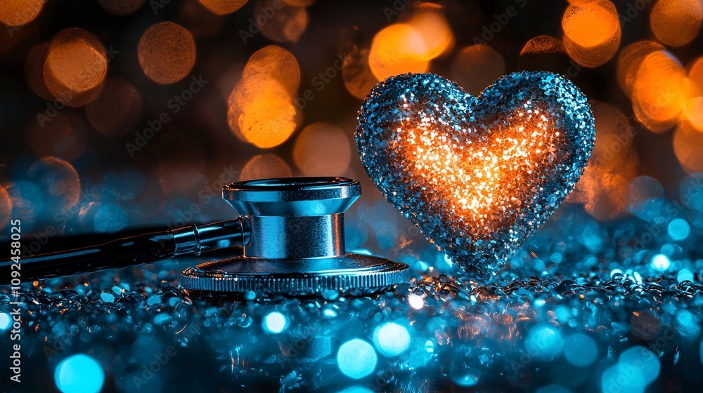 Poster Stethoscope forming a heart shape with a soft glowing background symbolizing wellness and trust Stock Photo with side copy space