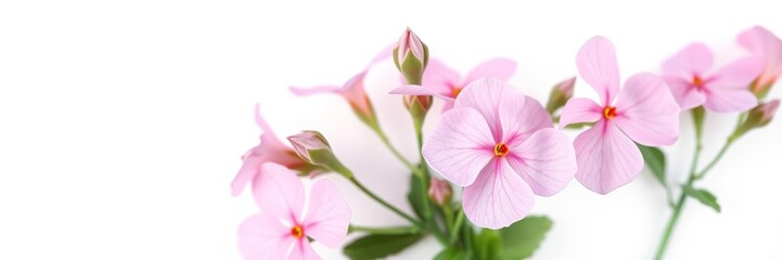 Obraz premium Soft pink petals of Malva thuringiaca flowers against a crisp white background, , leafy green foliage, botanical illustration