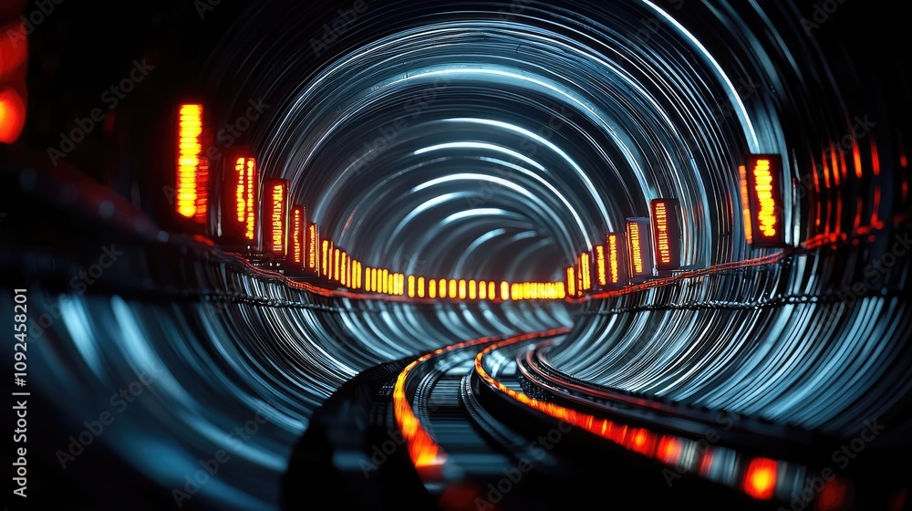 Poster futuristic tunnel with illuminated walls, dynamic perspective, vibrant colors.