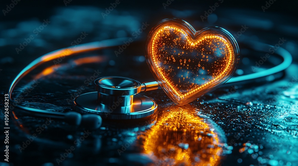 Aufkleber Stethoscope coiled around a glowing heart icon with light rays symbolizing health and confidence Stock Photo with side copy space