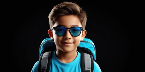 Stylish young boy with backpack and sunglasses on black background