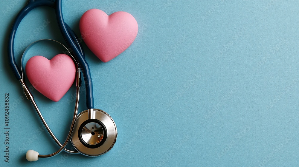 Poster Stethoscope and heart icon paired on a pastel background with soft light gradients and empty space for text Stock Photo with side copy space
