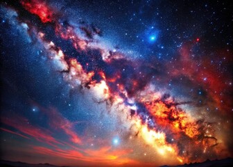 Obraz premium Cosmic Inferno: A Vintage Style Photography of the Milky Way Galaxy with Vibrant Red and Blue Nebulae, Stars, and Cosmic Dust for Science Fiction and Fantasy Themes