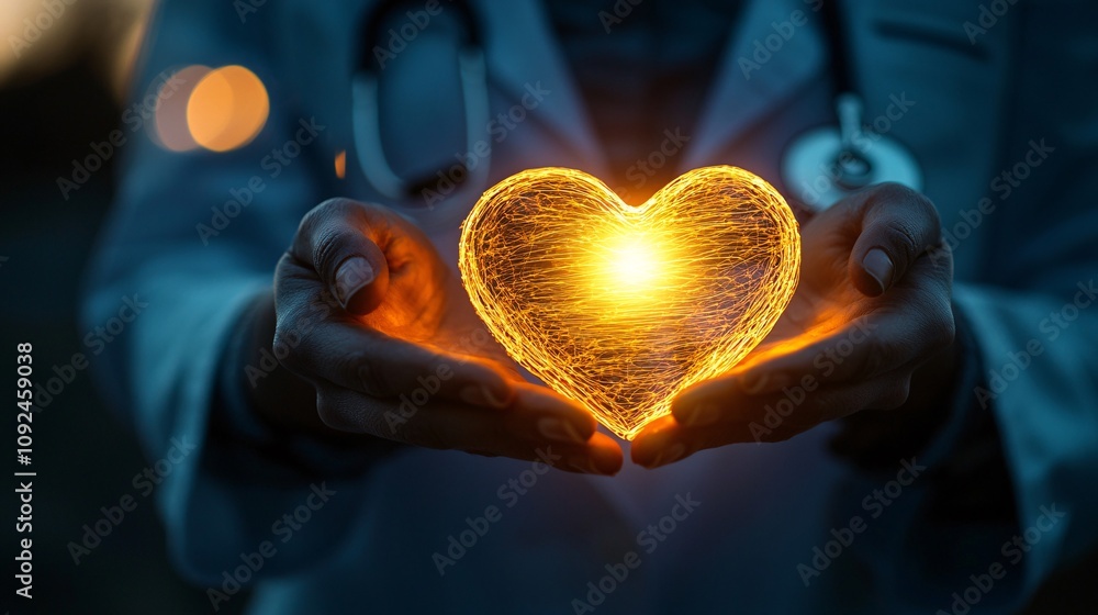 Poster doctor holding a stethoscope with a heart icon glowing in the background representing trust and conn