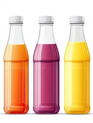 Set of 3D colored plastic and glass bottles. Realistic packaging images for dairy products and natural juices.