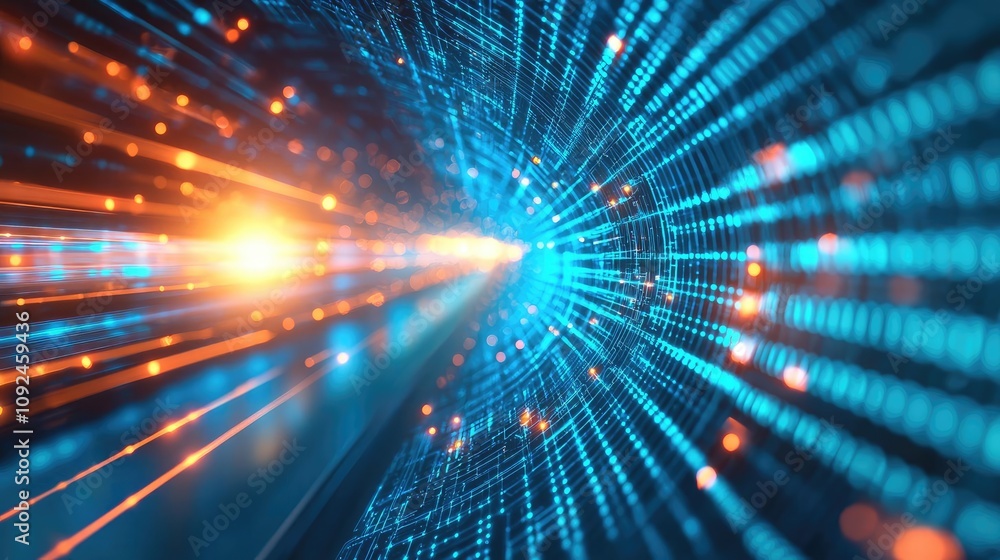 Poster abstract digital data tunnel with blue and orange light effects.