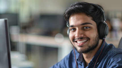Fototapeta premium Man works as a support with headphones.