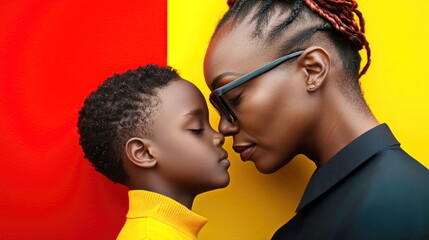 Obraz premium Emotional connection between mother and child studio setting portrait photography colorful background