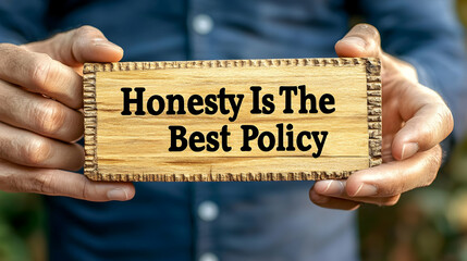 Person Holds Wooden Sign Displaying 'Honesty Is The Best Policy' Outdoors