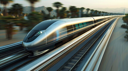 Obraz premium A high-speed maglev train racing along its track, leaving behind a blur of motion as it accelerates.