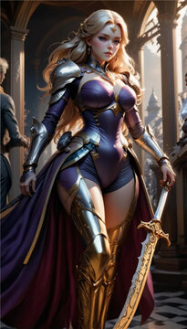 A female knight prepares to go out into the battlefield. AI-Generated