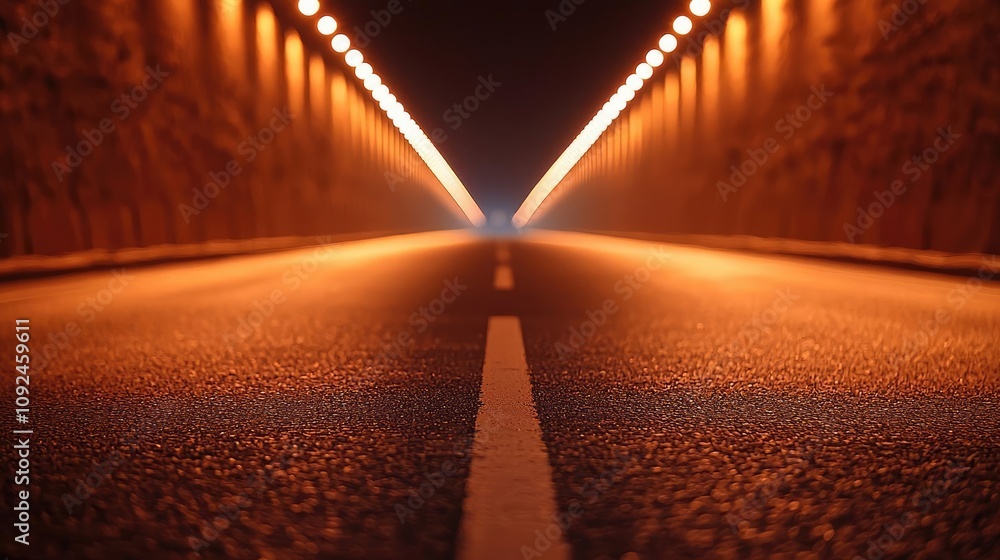 Poster tunnel road illuminated by orange lights, creating a mysterious atmosphere
