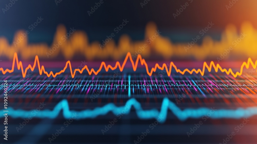 Poster Analyzing waveform patterns digital audio workspace visual data representation tech environment close-up view sound analysis