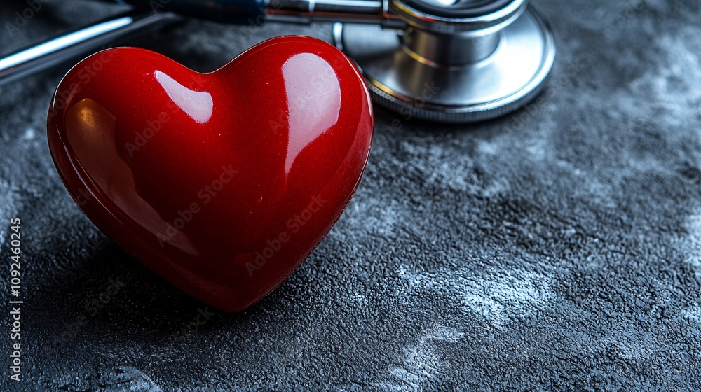 Poster abstract arrangement of stethoscope and heart icon with patient care theme in soft background tones 