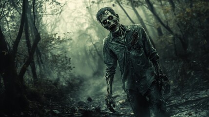 Fototapeta premium Zombie in a dark forest, eerie setting, tattered clothing, horror atmosphere, frightening expression, decayed look, spooky environment, Halloween-inspired art.
